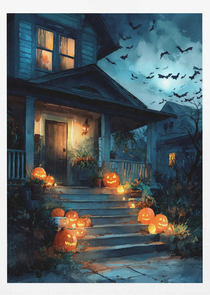 A painterly illustration of a blue house decorated for Halloween at night. Glowing jack-o'-lanterns line the front steps leading to a warmly lit porch. A swarm of bats flies across the dark, moonlit sky. Artwork