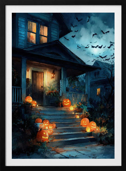 A painterly illustration of a blue house decorated for Halloween at night. Glowing jack-o'-lanterns line the front steps leading to a warmly lit porch. A swarm of bats flies across the dark, moonlit sky. Artwork