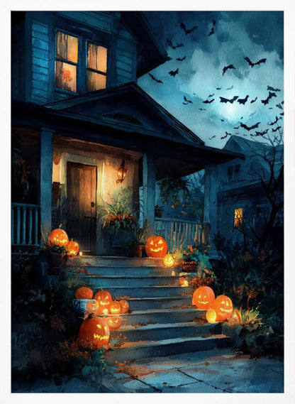 A painterly illustration of a blue house decorated for Halloween at night. Glowing jack-o'-lanterns line the front steps leading to a warmly lit porch. A swarm of bats flies across the dark, moonlit sky. Artwork
