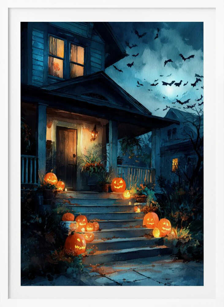 A painterly illustration of a blue house decorated for Halloween at night. Glowing jack-o'-lanterns line the front steps leading to a warmly lit porch. A swarm of bats flies across the dark, moonlit sky. Artwork