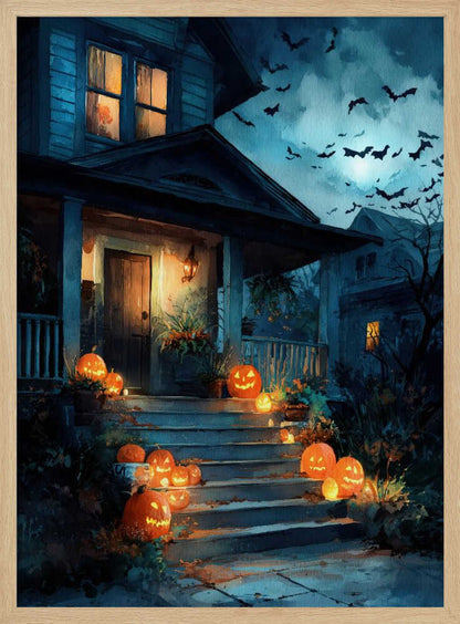 A painterly illustration of a blue house decorated for Halloween at night. Glowing jack-o'-lanterns line the front steps leading to a warmly lit porch. A swarm of bats flies across the dark, moonlit sky. Artwork