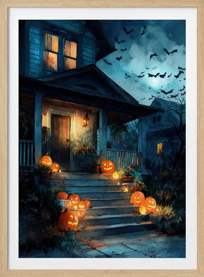 A painterly illustration of a blue house decorated for Halloween at night. Glowing jack-o'-lanterns line the front steps leading to a warmly lit porch. A swarm of bats flies across the dark, moonlit sky. Artwork