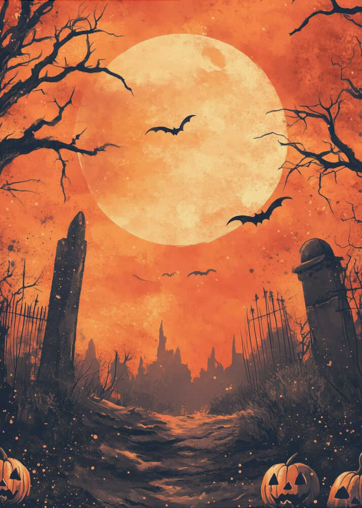 A spooky Halloween illustration of a path leading through a dark graveyard under a large, glowing full moon. Bats fly across the orange sky, silhouetted by the moon, while bare, gnarled trees and ancient tombstones frame the scene. In the foreground, carved jack-o'-lanterns glow menacingly. Artwork