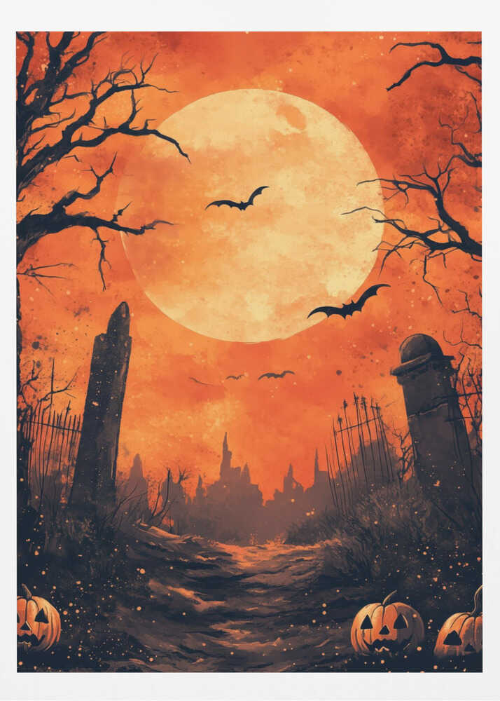 A spooky Halloween illustration of a path leading through a dark graveyard under a large, glowing full moon. Bats fly across the orange sky, silhouetted by the moon, while bare, gnarled trees and ancient tombstones frame the scene. In the foreground, carved jack-o'-lanterns glow menacingly. Artwork