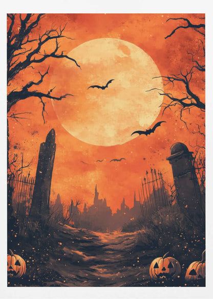 A spooky Halloween illustration of a path leading through a dark graveyard under a large, glowing full moon. Bats fly across the orange sky, silhouetted by the moon, while bare, gnarled trees and ancient tombstones frame the scene. In the foreground, carved jack-o'-lanterns glow menacingly. Artwork