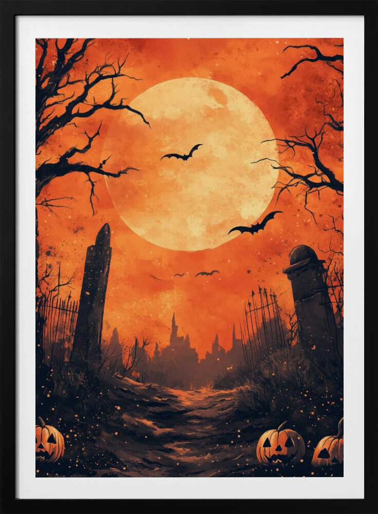 A spooky Halloween illustration of a path leading through a dark graveyard under a large, glowing full moon. Bats fly across the orange sky, silhouetted by the moon, while bare, gnarled trees and ancient tombstones frame the scene. In the foreground, carved jack-o'-lanterns glow menacingly. Artwork