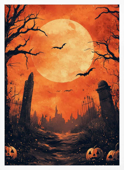 A spooky Halloween illustration of a path leading through a dark graveyard under a large, glowing full moon. Bats fly across the orange sky, silhouetted by the moon, while bare, gnarled trees and ancient tombstones frame the scene. In the foreground, carved jack-o'-lanterns glow menacingly. Artwork