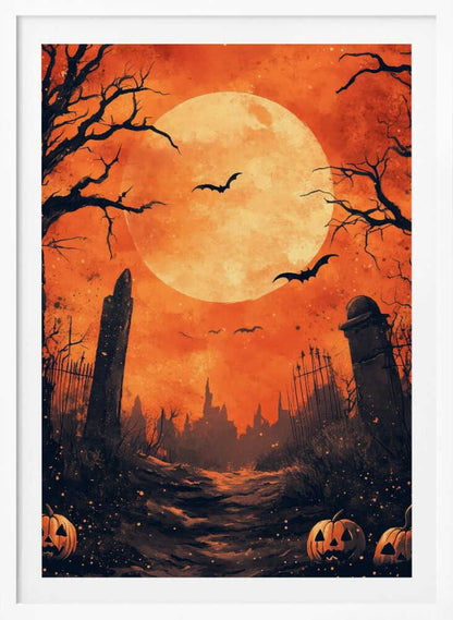 A spooky Halloween illustration of a path leading through a dark graveyard under a large, glowing full moon. Bats fly across the orange sky, silhouetted by the moon, while bare, gnarled trees and ancient tombstones frame the scene. In the foreground, carved jack-o'-lanterns glow menacingly. Artwork