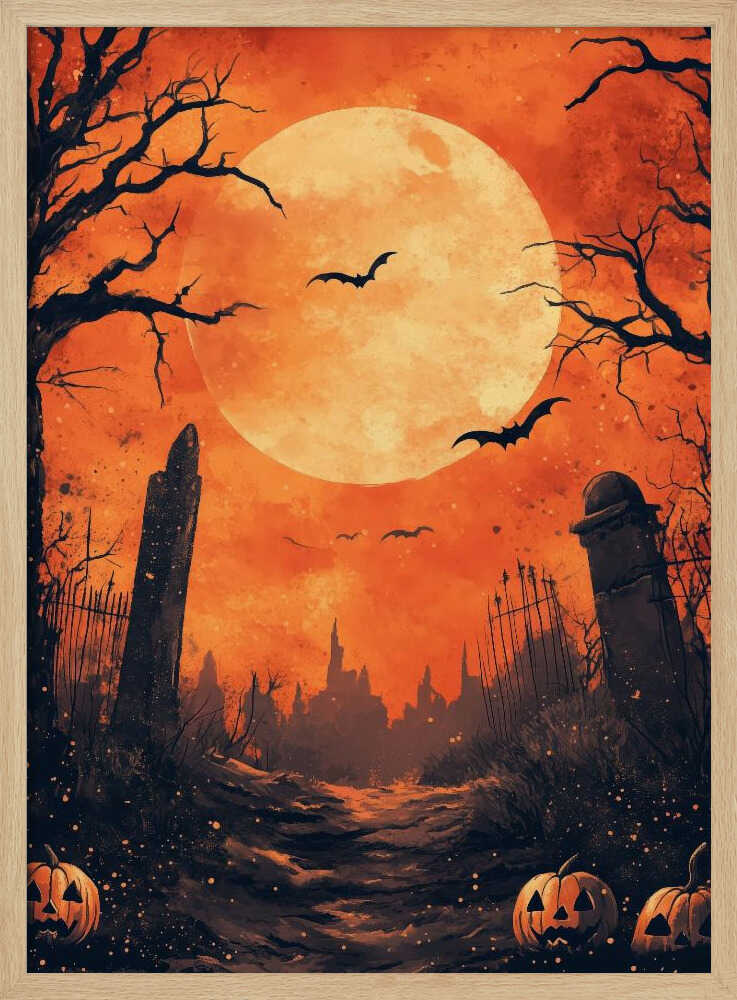 A spooky Halloween illustration of a path leading through a dark graveyard under a large, glowing full moon. Bats fly across the orange sky, silhouetted by the moon, while bare, gnarled trees and ancient tombstones frame the scene. In the foreground, carved jack-o'-lanterns glow menacingly. Artwork
