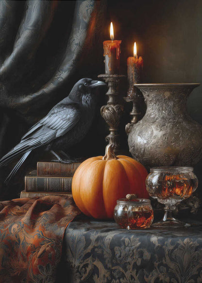 A moody and atmospheric still life featuring a black raven perched on a stack of old books next to a bright orange pumpkin. Two lit candles in ornate bronze holders cast a warm glow on an embossed metal vase, crystal glasses, and a dark, patterned tablecloth. Decor