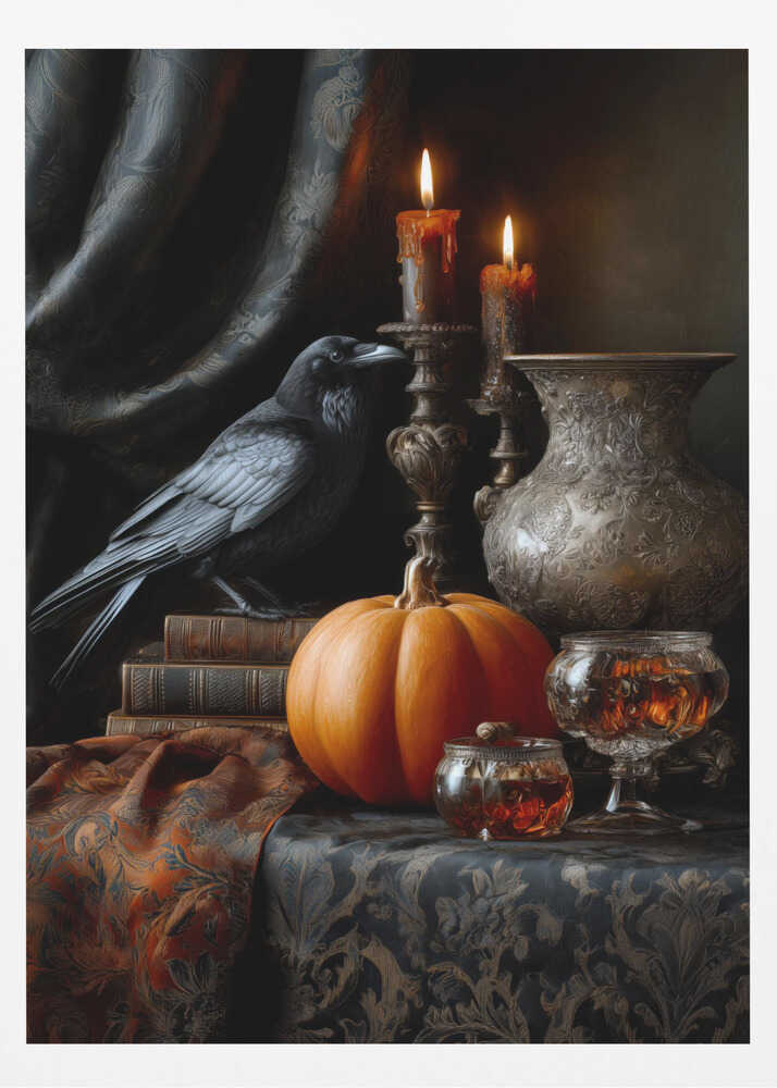 A moody and atmospheric still life featuring a black raven perched on a stack of old books next to a bright orange pumpkin. Two lit candles in ornate bronze holders cast a warm glow on an embossed metal vase, crystal glasses, and a dark, patterned tablecloth. Decor