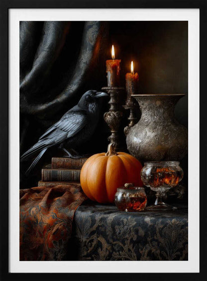 A moody and atmospheric still life featuring a black raven perched on a stack of old books next to a bright orange pumpkin. Two lit candles in ornate bronze holders cast a warm glow on an embossed metal vase, crystal glasses, and a dark, patterned tablecloth. Decor
