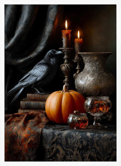 A moody and atmospheric still life featuring a black raven perched on a stack of old books next to a bright orange pumpkin. Two lit candles in ornate bronze holders cast a warm glow on an embossed metal vase, crystal glasses, and a dark, patterned tablecloth. Decor