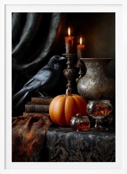 A moody and atmospheric still life featuring a black raven perched on a stack of old books next to a bright orange pumpkin. Two lit candles in ornate bronze holders cast a warm glow on an embossed metal vase, crystal glasses, and a dark, patterned tablecloth. Decor