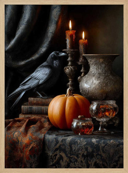 A moody and atmospheric still life featuring a black raven perched on a stack of old books next to a bright orange pumpkin. Two lit candles in ornate bronze holders cast a warm glow on an embossed metal vase, crystal glasses, and a dark, patterned tablecloth. Decor