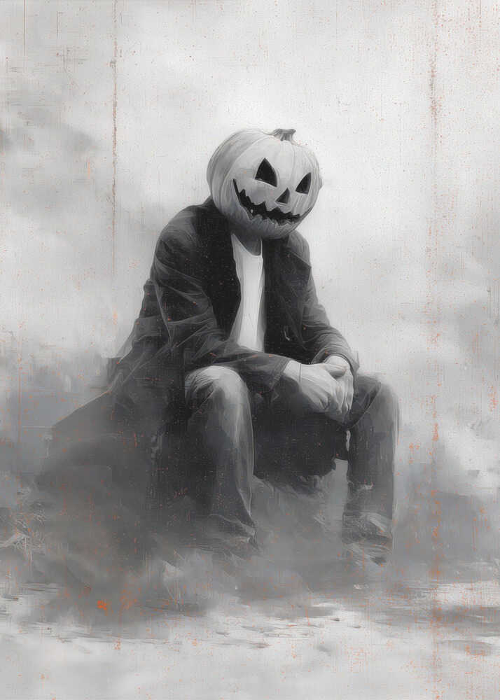 A moody, black and white painting of a person with a carved jack-o'-lantern for a head, sitting down in a foggy, indistinct environment. The figure is wearing a dark coat, white t-shirt, and jeans, with their hands clasped in their lap. Wall Art