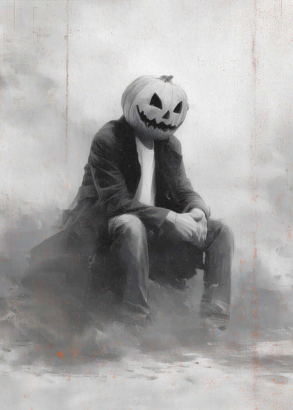 A moody, black and white painting of a person with a carved jack-o'-lantern for a head, sitting down in a foggy, indistinct environment. The figure is wearing a dark coat, white t-shirt, and jeans, with their hands clasped in their lap. Wall Art