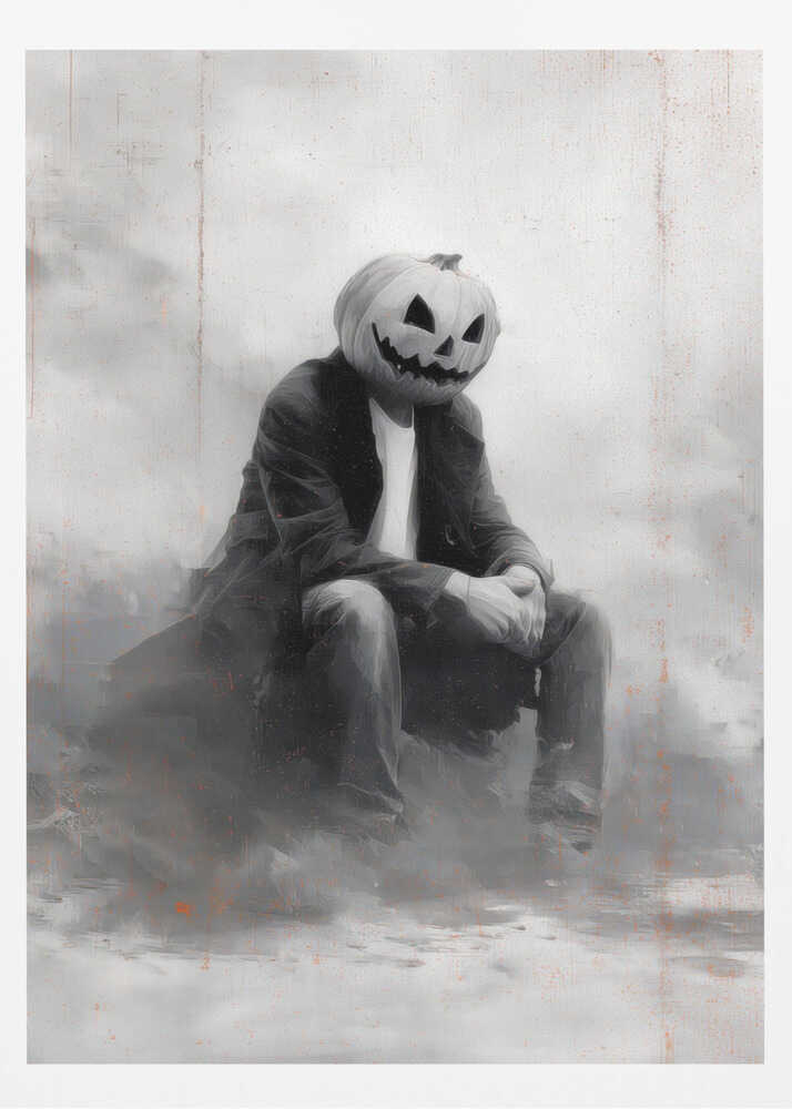A moody, black and white painting of a person with a carved jack-o'-lantern for a head, sitting down in a foggy, indistinct environment. The figure is wearing a dark coat, white t-shirt, and jeans, with their hands clasped in their lap. Wall Art