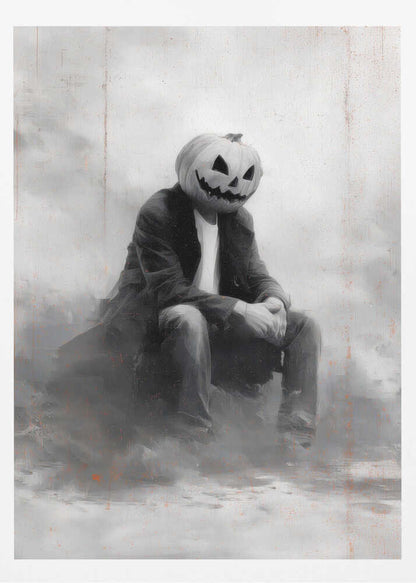 A moody, black and white painting of a person with a carved jack-o'-lantern for a head, sitting down in a foggy, indistinct environment. The figure is wearing a dark coat, white t-shirt, and jeans, with their hands clasped in their lap. Wall Art