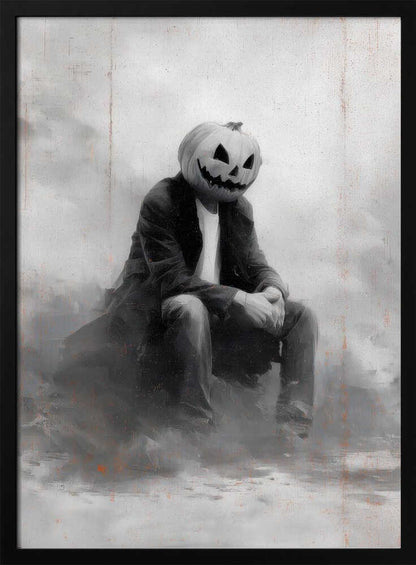 A moody, black and white painting of a person with a carved jack-o'-lantern for a head, sitting down in a foggy, indistinct environment. The figure is wearing a dark coat, white t-shirt, and jeans, with their hands clasped in their lap. Wall Art