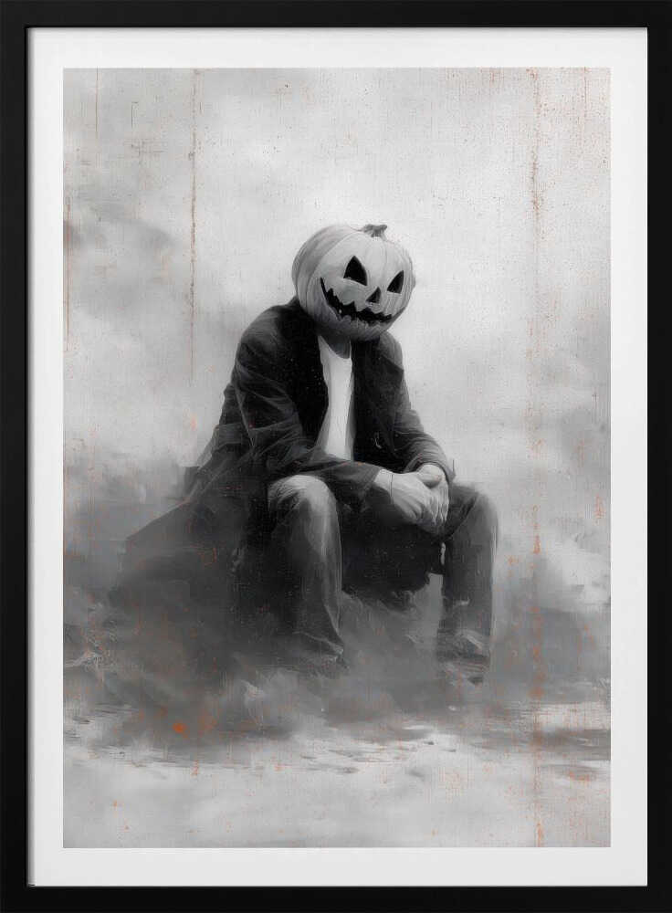 A moody, black and white painting of a person with a carved jack-o'-lantern for a head, sitting down in a foggy, indistinct environment. The figure is wearing a dark coat, white t-shirt, and jeans, with their hands clasped in their lap. Wall Art