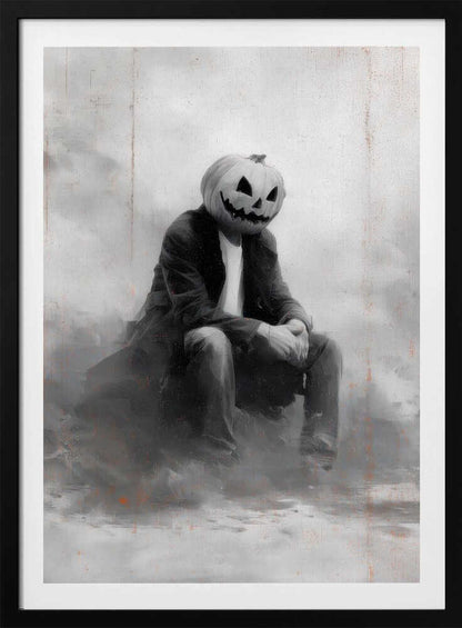 A moody, black and white painting of a person with a carved jack-o'-lantern for a head, sitting down in a foggy, indistinct environment. The figure is wearing a dark coat, white t-shirt, and jeans, with their hands clasped in their lap. Wall Art
