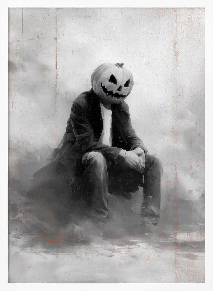 A moody, black and white painting of a person with a carved jack-o'-lantern for a head, sitting down in a foggy, indistinct environment. The figure is wearing a dark coat, white t-shirt, and jeans, with their hands clasped in their lap. Wall Art