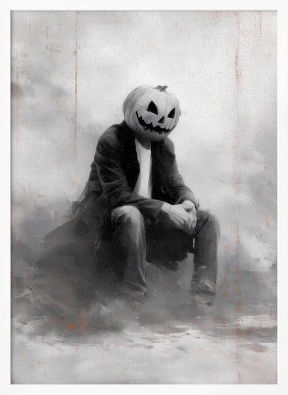 A moody, black and white painting of a person with a carved jack-o'-lantern for a head, sitting down in a foggy, indistinct environment. The figure is wearing a dark coat, white t-shirt, and jeans, with their hands clasped in their lap. Wall Art