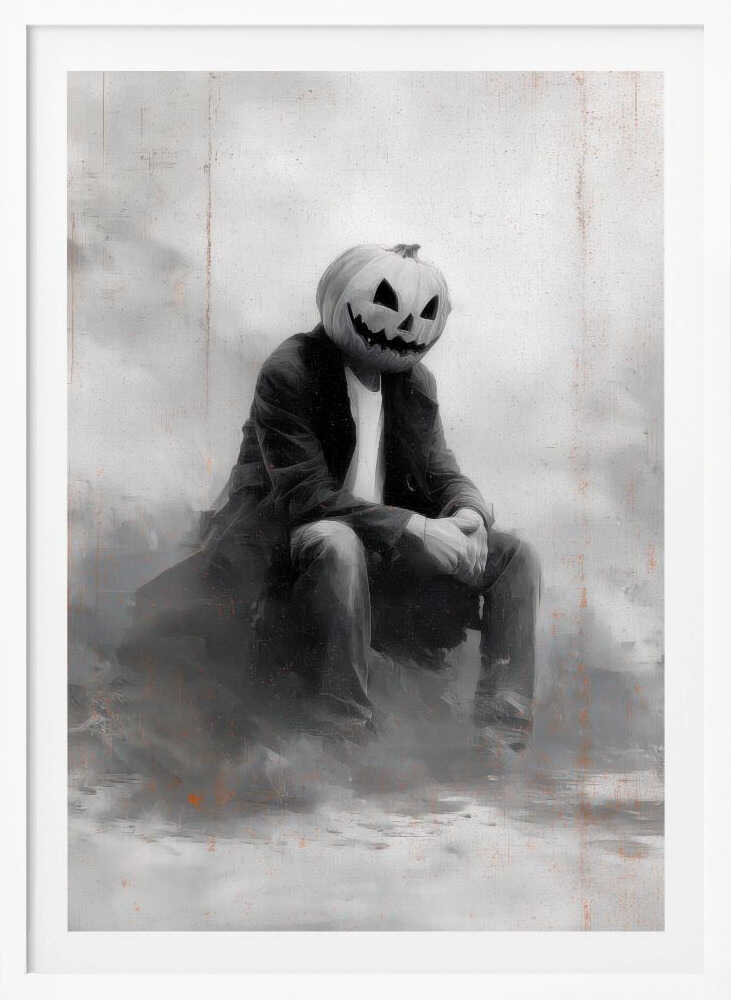 A moody, black and white painting of a person with a carved jack-o'-lantern for a head, sitting down in a foggy, indistinct environment. The figure is wearing a dark coat, white t-shirt, and jeans, with their hands clasped in their lap. Wall Art