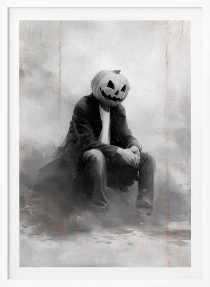 A moody, black and white painting of a person with a carved jack-o'-lantern for a head, sitting down in a foggy, indistinct environment. The figure is wearing a dark coat, white t-shirt, and jeans, with their hands clasped in their lap. Wall Art