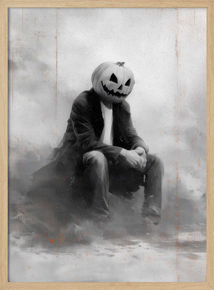 A moody, black and white painting of a person with a carved jack-o'-lantern for a head, sitting down in a foggy, indistinct environment. The figure is wearing a dark coat, white t-shirt, and jeans, with their hands clasped in their lap. Wall Art
