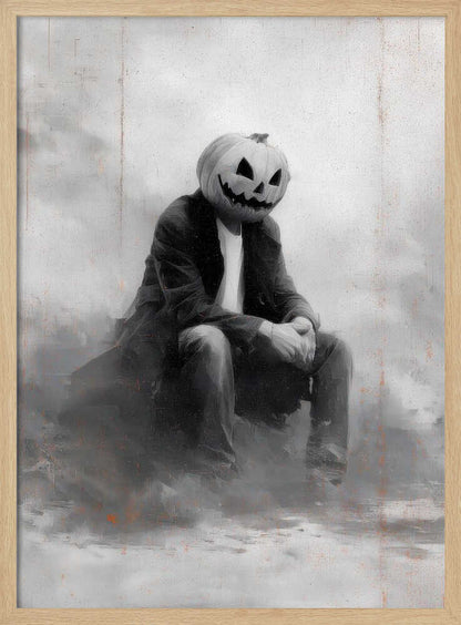 A moody, black and white painting of a person with a carved jack-o'-lantern for a head, sitting down in a foggy, indistinct environment. The figure is wearing a dark coat, white t-shirt, and jeans, with their hands clasped in their lap. Wall Art