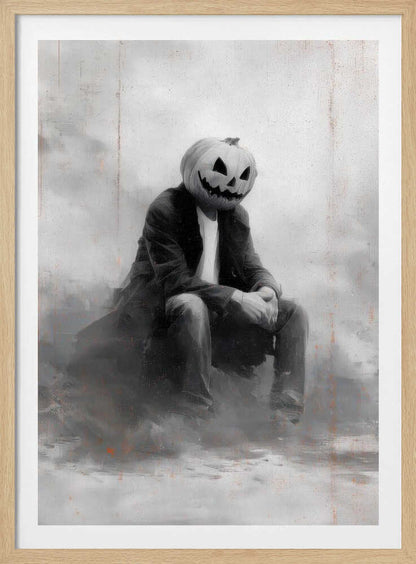 A moody, black and white painting of a person with a carved jack-o'-lantern for a head, sitting down in a foggy, indistinct environment. The figure is wearing a dark coat, white t-shirt, and jeans, with their hands clasped in their lap. Wall Art