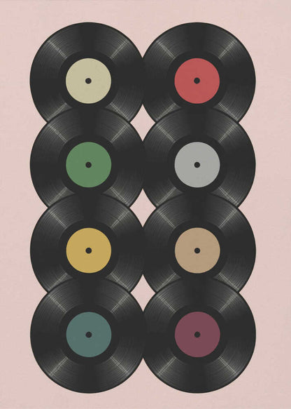 A graphic art print featuring eight black vinyl records arranged in two columns of four against a pale pink background. Each record has a different solid-colored label, creating a colorful and retro pattern. The artwork is enclosed in a simple black frame. Artwork