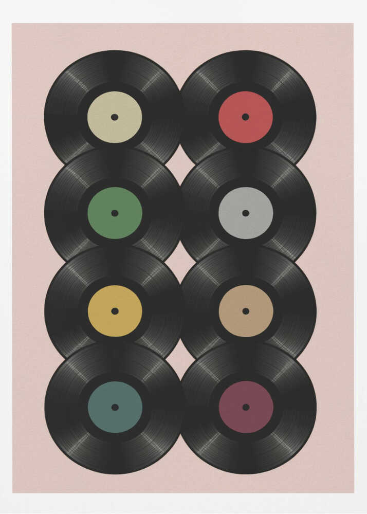 A graphic art print featuring eight black vinyl records arranged in two columns of four against a pale pink background. Each record has a different solid-colored label, creating a colorful and retro pattern. The artwork is enclosed in a simple black frame. Artwork