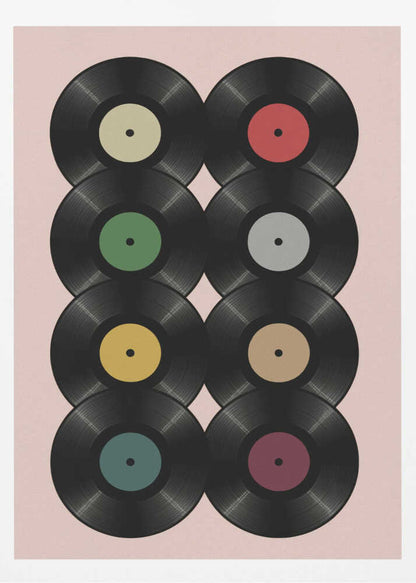 A graphic art print featuring eight black vinyl records arranged in two columns of four against a pale pink background. Each record has a different solid-colored label, creating a colorful and retro pattern. The artwork is enclosed in a simple black frame. Artwork