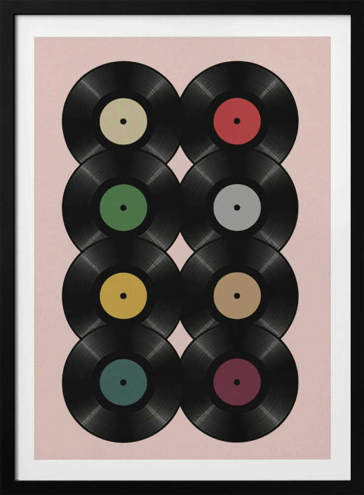 A graphic art print featuring eight black vinyl records arranged in two columns of four against a pale pink background. Each record has a different solid-colored label, creating a colorful and retro pattern. The artwork is enclosed in a simple black frame. Artwork