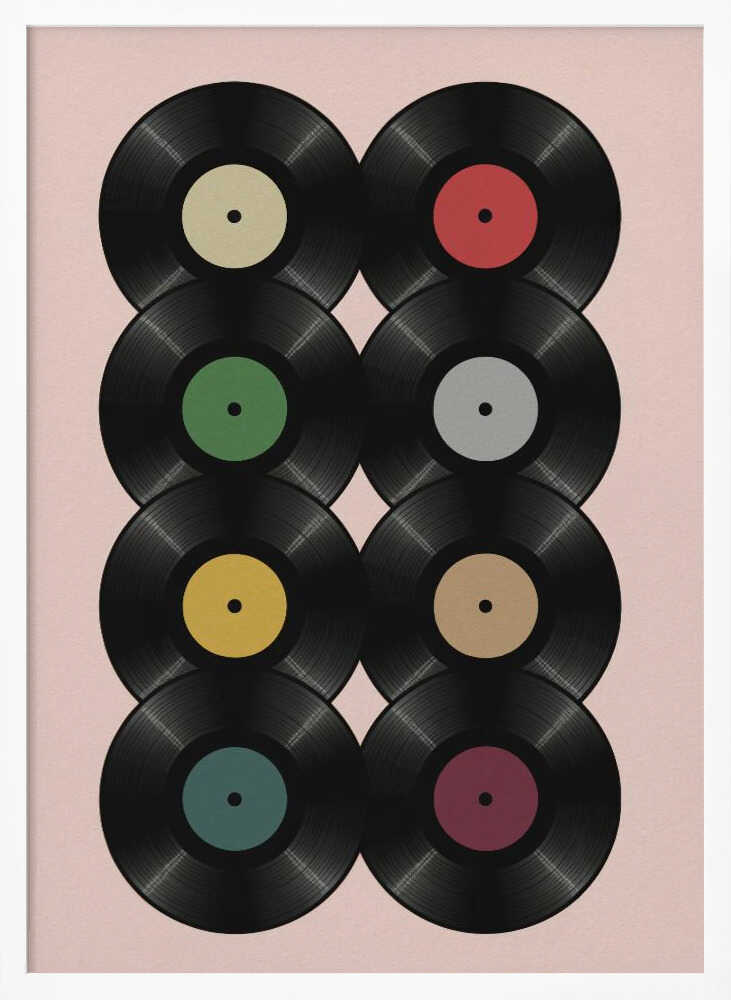 A graphic art print featuring eight black vinyl records arranged in two columns of four against a pale pink background. Each record has a different solid-colored label, creating a colorful and retro pattern. The artwork is enclosed in a simple black frame. Artwork