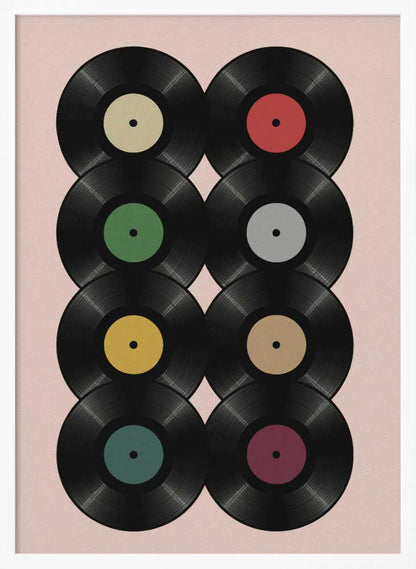 A graphic art print featuring eight black vinyl records arranged in two columns of four against a pale pink background. Each record has a different solid-colored label, creating a colorful and retro pattern. The artwork is enclosed in a simple black frame. Artwork