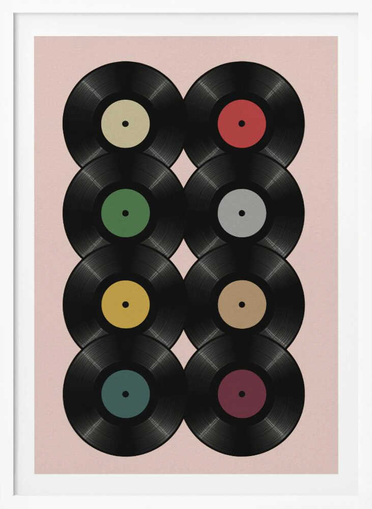 A graphic art print featuring eight black vinyl records arranged in two columns of four against a pale pink background. Each record has a different solid-colored label, creating a colorful and retro pattern. The artwork is enclosed in a simple black frame. Artwork