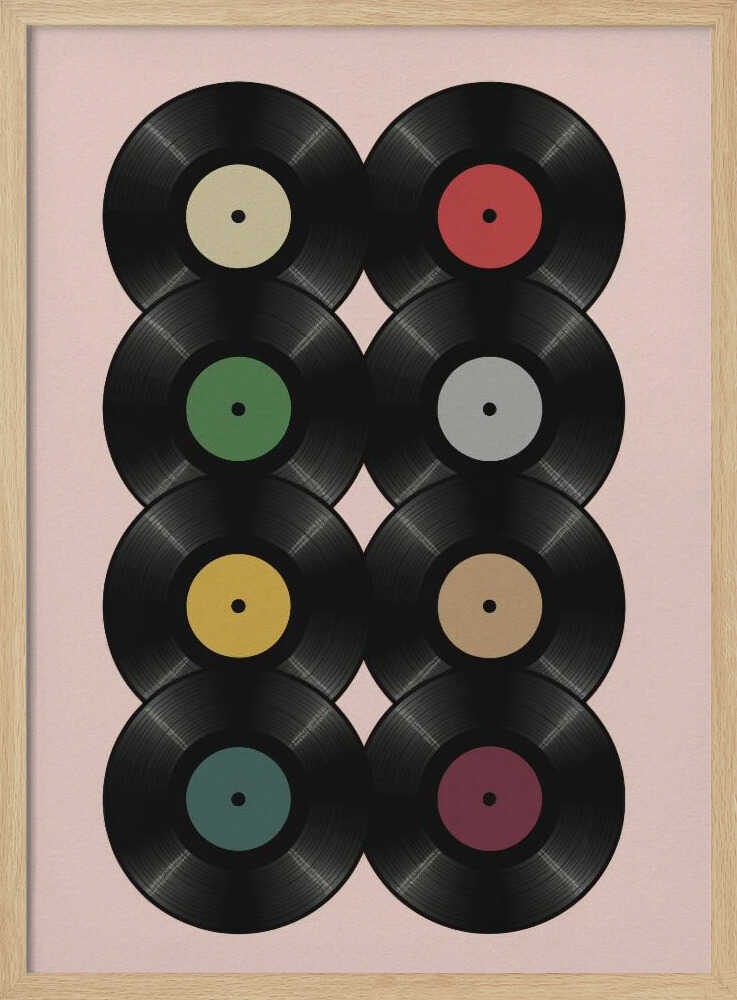 A graphic art print featuring eight black vinyl records arranged in two columns of four against a pale pink background. Each record has a different solid-colored label, creating a colorful and retro pattern. The artwork is enclosed in a simple black frame. Artwork
