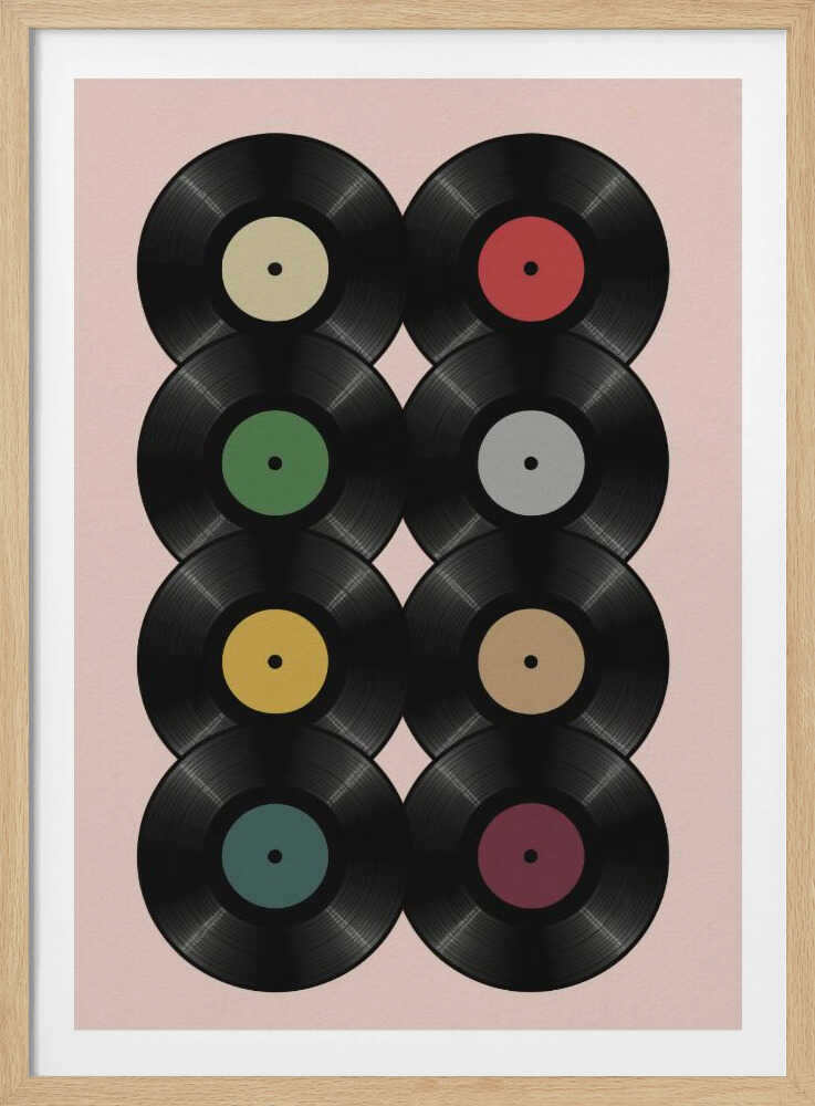 A graphic art print featuring eight black vinyl records arranged in two columns of four against a pale pink background. Each record has a different solid-colored label, creating a colorful and retro pattern. The artwork is enclosed in a simple black frame. Artwork