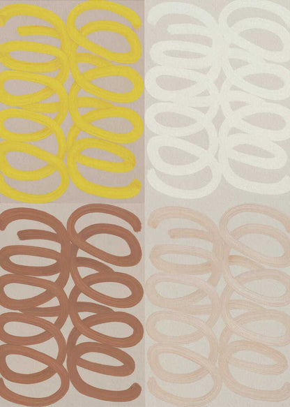 A modern abstract painting in a black frame, divided into four quadrants. Each quadrant features repeating, hand-painted coil patterns: yellow in the top left, off-white in the top right, rust brown in the bottom left, and pale peach in the bottom right, all set against a neutral beige background. Wall Art