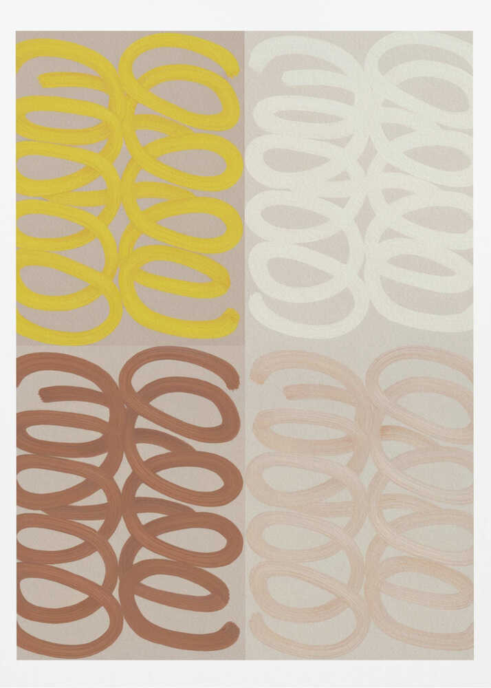 A modern abstract painting in a black frame, divided into four quadrants. Each quadrant features repeating, hand-painted coil patterns: yellow in the top left, off-white in the top right, rust brown in the bottom left, and pale peach in the bottom right, all set against a neutral beige background. Wall Art