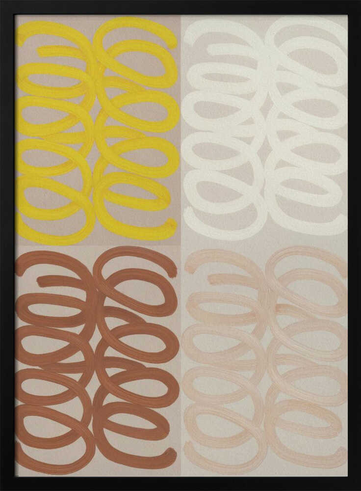 A modern abstract painting in a black frame, divided into four quadrants. Each quadrant features repeating, hand-painted coil patterns: yellow in the top left, off-white in the top right, rust brown in the bottom left, and pale peach in the bottom right, all set against a neutral beige background. Wall Art