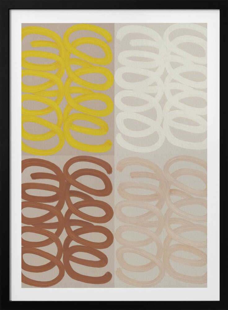 A modern abstract painting in a black frame, divided into four quadrants. Each quadrant features repeating, hand-painted coil patterns: yellow in the top left, off-white in the top right, rust brown in the bottom left, and pale peach in the bottom right, all set against a neutral beige background. Wall Art