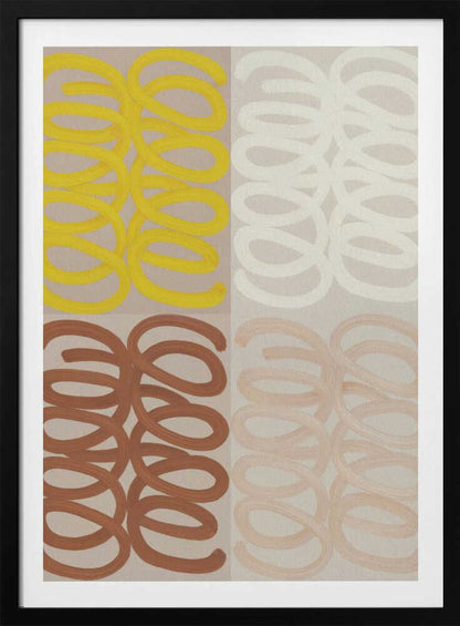 A modern abstract painting in a black frame, divided into four quadrants. Each quadrant features repeating, hand-painted coil patterns: yellow in the top left, off-white in the top right, rust brown in the bottom left, and pale peach in the bottom right, all set against a neutral beige background. Wall Art