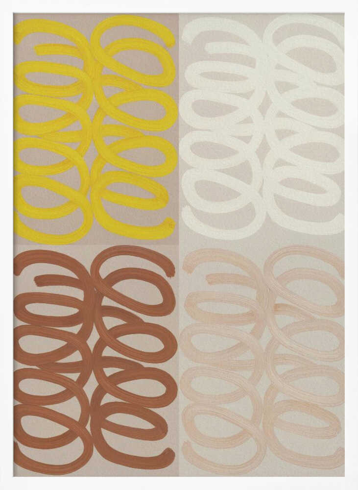 A modern abstract painting in a black frame, divided into four quadrants. Each quadrant features repeating, hand-painted coil patterns: yellow in the top left, off-white in the top right, rust brown in the bottom left, and pale peach in the bottom right, all set against a neutral beige background. Wall Art
