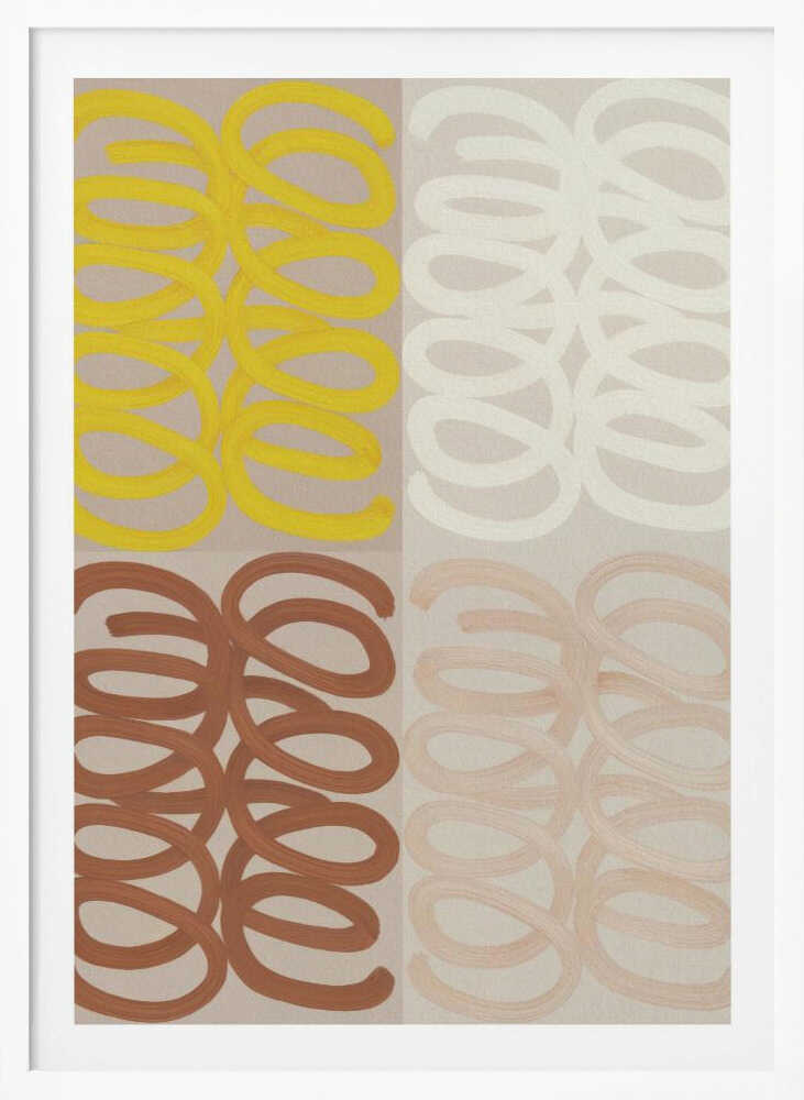 A modern abstract painting in a black frame, divided into four quadrants. Each quadrant features repeating, hand-painted coil patterns: yellow in the top left, off-white in the top right, rust brown in the bottom left, and pale peach in the bottom right, all set against a neutral beige background. Wall Art