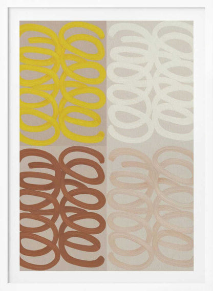 A modern abstract painting in a black frame, divided into four quadrants. Each quadrant features repeating, hand-painted coil patterns: yellow in the top left, off-white in the top right, rust brown in the bottom left, and pale peach in the bottom right, all set against a neutral beige background. Wall Art